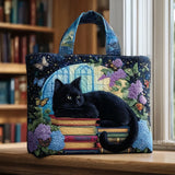Ángela™ | Saco Tote Artesanal com Estampado de Gato Preto e Livros