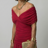 Casimira™ | Vestido midi de ombros descobertos com decote drapeado