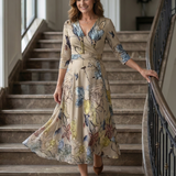 Celeste™ | Vestido midi floral com decote cruzado e manga a três quartos