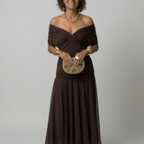 Casimira™ | Vestido midi de ombros descobertos com decote drapeado