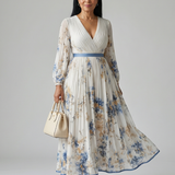 Rosendina™ | Vestido midi floral cruzado com saia plissada e mangas compridas