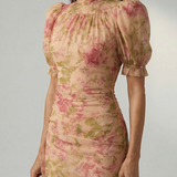 Gilberta™ | Vestido maxi floral com gola alta e manga bufante