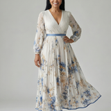 Rosendina™ | Vestido midi floral cruzado com saia plissada e mangas compridas