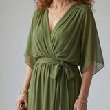 Elvira™ | Vestido midi drapeado com cinto e mangas até ao cotovelo