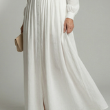 Libânia™ | Vestido Maxi Branco de Manga Comprida com Botões e Bolsos