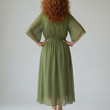 Elvira™ | Vestido midi drapeado com cinto e mangas até ao cotovelo