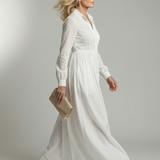 Libânia™ | Vestido Maxi Branco de Manga Comprida com Botões e Bolsos
