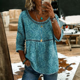 Joaquina™ | Blusa Vintage Turquesa com Detalhe Étnico na Cintura