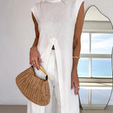Brígida™ | Conjunto Branco de Túnica com Folhos e Calças