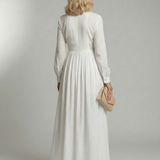 Libânia™ | Vestido Maxi Branco de Manga Comprida com Botões e Bolsos