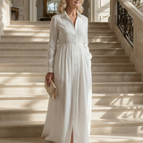 Libânia™ | Vestido Maxi Branco de Manga Comprida com Botões e Bolsos