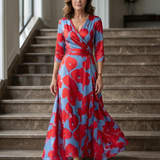 Celeste™ | Vestido midi floral com decote cruzado e manga a três quartos