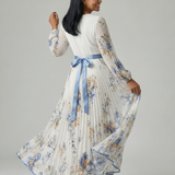 Rosendina™ | Vestido midi floral cruzado com saia plissada e mangas compridas
