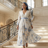 Rosendina™ | Vestido midi floral cruzado com saia plissada e mangas compridas