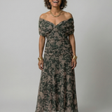 Casimira™ | Vestido midi de ombros descobertos com decote drapeado