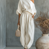 Conjunto de linho branco-sujo para mulher, com top sem alças e calças justas
