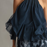 Lenora | Conjunto Elegante de Top Halter Azul-Marinho e Calças de Perna Longa