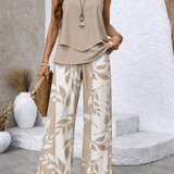 Ernestina™ | Conjunto Natural de Blusa Bege e Calças Botânicas