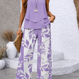 Jandira™ | Conjunto Lila – Blusa e Calças com Padrão Botânico