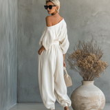 Conjunto de linho branco-sujo para mulher, com top sem alças e calças justas