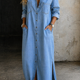 Vandira™ | Vestido maxi camiseiro com botões e fenda