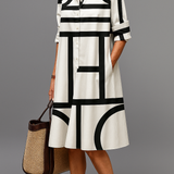 Lindalva™ | Vestido midi geométrico preto e branco