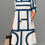 Rosalvina™ | Vestido Midi às Riscas Azul-Marinho