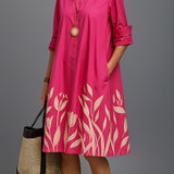 Timóteia™ | Vestido midi cor-de-rosa com flores douradas