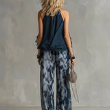 Lenora | Conjunto Elegante de Top Halter Azul-Marinho e Calças de Perna Longa