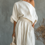 Conjunto de linho branco-sujo para mulher, com top sem alças e calças justas