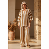 Zoraida™ | Conjunto de croché às riscas com quimono e calças