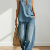 Marília™ | Conjunto de ganga com top e calças de perna longa