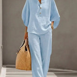 Conjunto de linho com mangas morcego e calças longas
